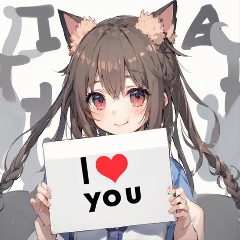 anime, a cute girl holding a sign that says "I love you", animal ears, cat tail, closed mouth, fake animal ears, hair between eyes