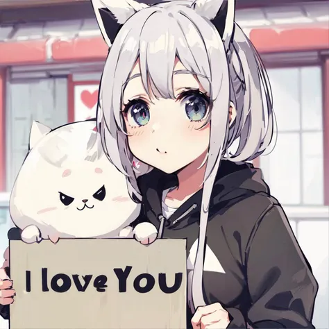 anime, a cute girl holding a sign that says "I love you", :3, catmouth, smug, animal ears, cat tail, fake animal ears, hair between eyes