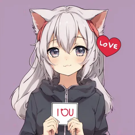 anime, photo of a cute catgirl holding a sign that says "I love you"