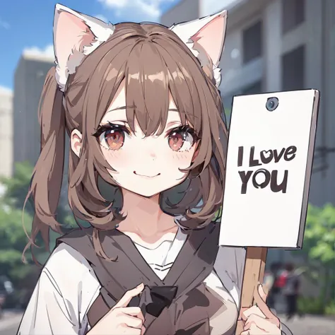 anime, a cute girl holding a sign that says "I love you", :3, catmouth, smug, animal ears, cat tail, fake animal ears, hair between eyes