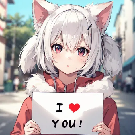 anime, a cute girl holding a sign that says "I love you", animal ears, cat tail, closed mouth, fake animal ears, hair between eyes