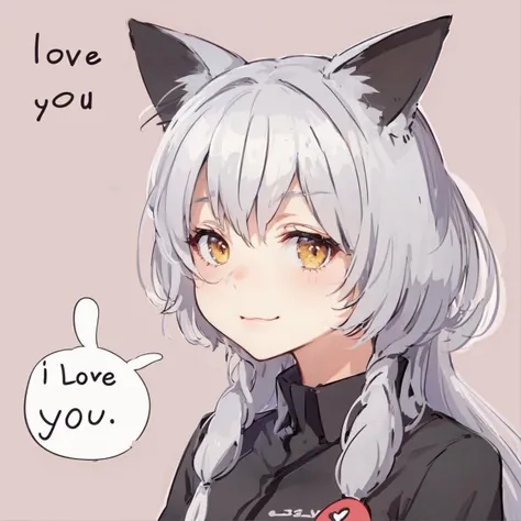 anime, a catgirl with text says "I love you", :3, catmouth, smug