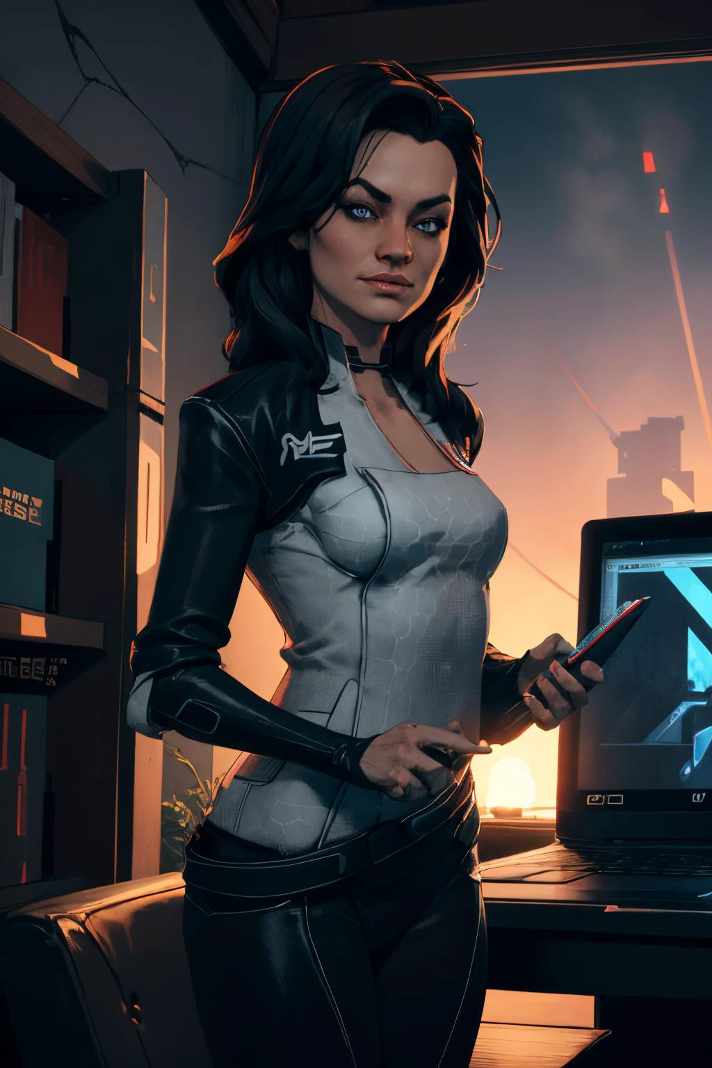 <lora:Miranda:1.00>, miranda, portrait, looking at viewer, solo, half shot, detailed background, detailed face, (tron theme:1.1) evil high-tech futuristic hacker, advanced technology, hoodie, techwear, keycard, electronics, head-up display, (holographic display:1.05), access denied, encoded text, laptop, hacker van in background, espionage, dark sinister atmosphere, shadows,, renaissance dusk, rice paddy, gazebo, bookstore, golden hour, misty, fire, meadow