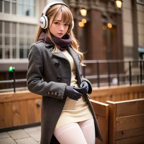 best quality, ultra detailed, extremely detailed, realistic, (masterpiece:1.1), high quality, (highres), 1girl,  19 years old, nsfw, slender, winter_coat winter_clothes pea coat scarf,mittens,earmuffs  pantyhose,