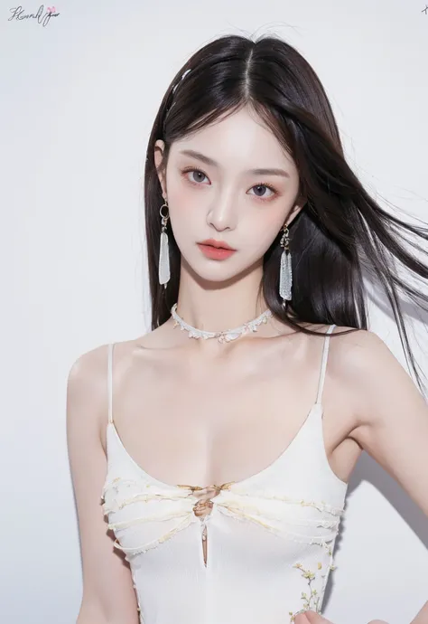 (Extra detailed body、The face is rich in detail、Best quality:1.2)、woman、looking at the audience、Full body model，(quirky fashion、Large shoulder-length piercing、A necklace、Clothes with strong contrast of gray, blue, white and black、Asymmetry)、(Contrasting white and gray wall on background)，Smiling，Large Breasts