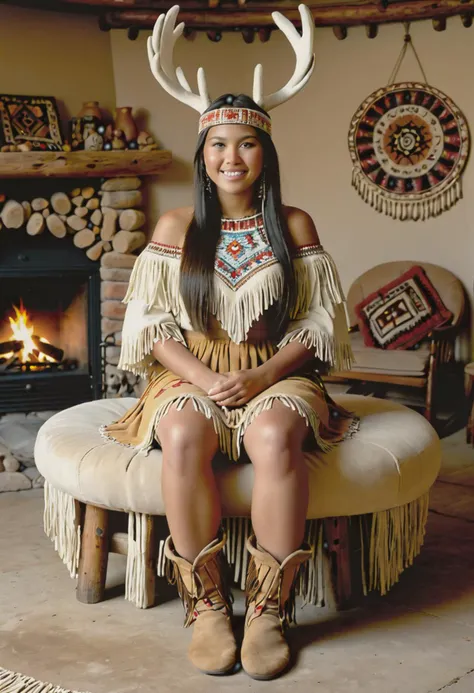 (medium full shot) of  (resplendent young woman:1.1) from the Lakota tribe,             wearing Embroidered deerskin bodice, fringed deerskin skirt, beaded headpiece, beaded moccasins, rattle, smiling at the viewer, set in  Home, Gathering Room, Inviting space with a circular arrangement of cushions around a central hearth, animal pelts draped over wooden beams, handwoven tapestries depicting tribal stories, clay pottery for food and drink, the scent of sage lingering in the air , at night, Masterpiece,best quality, photorealistic, amazing quality, very aesthetic, extremely detailed face,