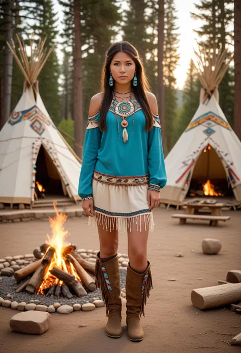 ((fashion photography)), perfect face, perfect eyes, (medium full shot) of  (celestial young woman from the Hopi tribe), slim, medium hair, wearing Beaded yoke blouse, buckskin leggings with fringe, feathered hair roach, moccasin boots, turquoise jewelry with intricate filigree and inlay, set in  Community Gathering Area, Open clearing encircled by tall trees, a ceremonial tepee standing proudly in the center, colorful prayer flags fluttering in the breeze, a communal cooking fire surrounded by stone hearths, hand-carved wooden benches arranged in a semicircle for storytelling and council meetings , at sunset, laughing, arms crossed, masterpiece, best quality, photorealistic, very aesthetic