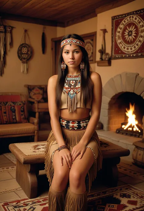 ((fashion photography)), perfect face, perfect eyes, (medium full shot) of  (resplendent young woman from the Cherokee tribe), slender, long hair, wearing Embroidered deerskin bodice, fringed deerskin skirt, beaded headpiece, beaded moccasins, woven sash with symbolic motifs and colors, set in  Home, Living Area, Earthy-toned room with a central firepit, animal skin rugs, low wooden tables, cushioned seating around the perimeter, intricate beadwork hanging on the walls , at night, laughing, arms crossed, masterpiece, best quality, photorealistic, very aesthetic