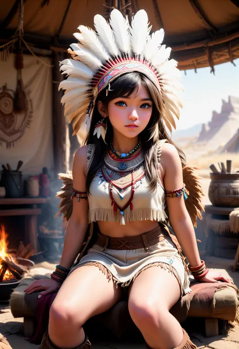 (medium full shot) of (celestial young woman:1.1) from the Hopi tribe,             wearing Beaded buckskin vest, fringed buckskin pants, feathered headpiece, moccasin boots, feather fan, surprised, open mouth, pointing her finger at the viewer, set in  Tepee, Gathering Space, Welcoming area with a circle of cushions around a central fire pit, decorative drums hanging on the walls, woven tapestries depicting tribal stories, a carved wooden chest, aromatic herbs hanging to dry  , at sunset, ,Masterpiece,best quality, photorealistic, amazing quality, very aesthetic, extremely detailed face,