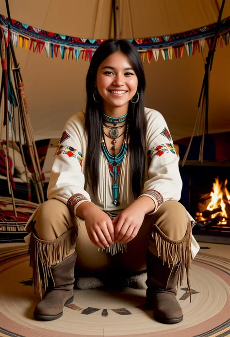 (medium full shot) of (radiant young woman:1.1) from the Apache tribe,             wearing Beaded yoke blouse, buckskin leggings with fringe, beaded hair ties, moccasin boots, beaded necklace or choker with traditional designs and patterns, smiling at the viewer, set in  Tepee, Gathering Space, Welcoming area with a circle of cushions around a central fire pit, decorative drums hanging on the walls, woven tapestries depicting tribal stories, a carved wooden chest, aromatic herbs hanging to dry  , at night, ,Masterpiece,best quality, photorealistic, amazing quality, very aesthetic, extremely detailed face,