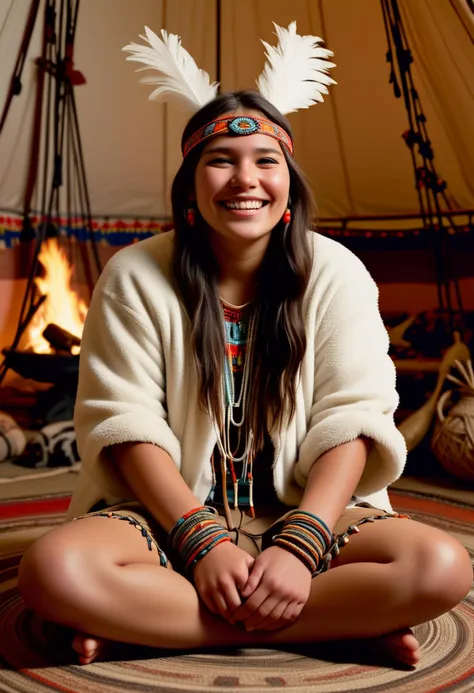 (medium full shot) of (celestial young woman:1.1) from the Shoshone tribe,             wearing Feathered bolero jacket, beaded loincloth, feathered headband, beaded sandals, rattle, laughing, arms crossed, set in  Tepee Interior, Warm, earthy space adorned with animal hides, a central fire pit, woven rugs, wooden stools, colorful beadwork  , ,Masterpiece,best quality, photorealistic, amazing quality, very aesthetic, extremely detailed face,