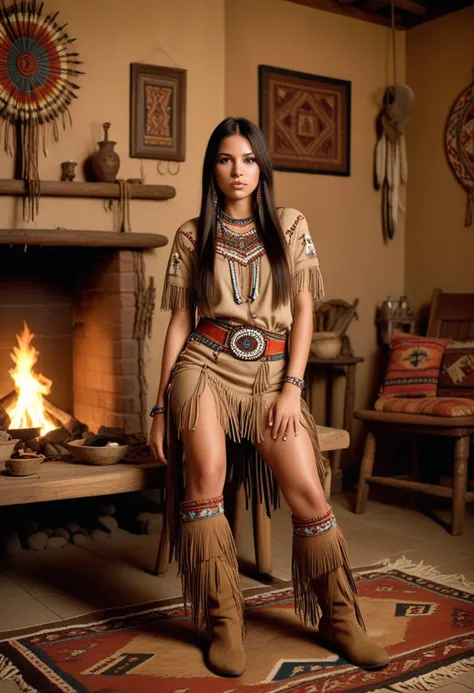 ((fashion photography)), perfect face, perfect eyes, (medium full shot) of  (divine young woman from the Apache tribe), slender, medium hair, wearing Beaded yoke blouse, buckskin leggings with fringe, feathered hair roach, moccasin boots, woven sash with symbolic motifs and colors, set in  Home, Living Area, Earthy-toned room with a central firepit, animal skin rugs, low wooden tables, cushioned seating around the perimeter, intricate beadwork hanging on the walls , surprised, open mouth, pointing her finger at the viewer, masterpiece, best quality, photorealistic, very aesthetic