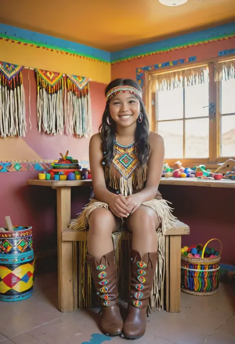 (medium full shot) of  (angelic young woman:1.1) from the Hopi tribe,             wearing Quilled leather bandeau top, fringed leather leggings, beaded headband, knee-high moccasin boots with fringe, drum, smiling at the viewer, set in  Children's Hut, Lively interior with brightly painted walls, animal-shaped toys scattered across the floor, low tables for crafting, a collection of storybooks piled in a corner, laughter echoing as children play games together , at sunset, Masterpiece,best quality, photorealistic, amazing quality, very aesthetic, extremely detailed face,