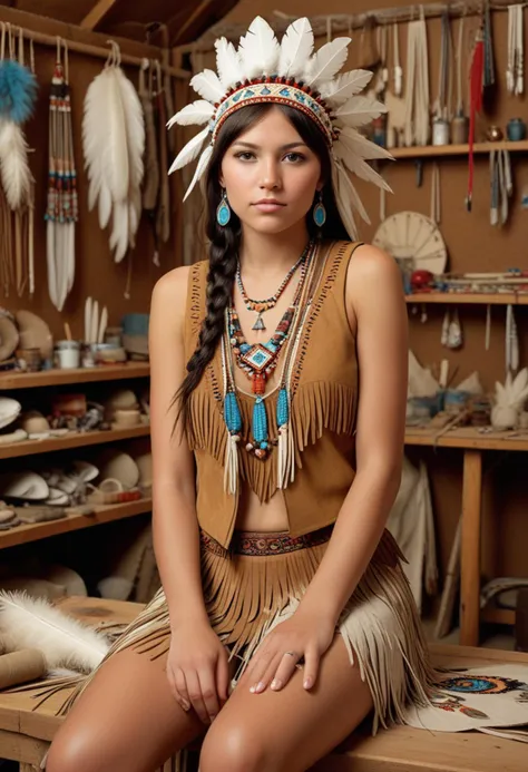 ((fashion photography)), perfect face, perfect eyes, (medium full shot) of  (heavenly young woman from the Cherokee tribe), normal, short hair, wearing Beaded buckskin vest, fringed buckskin pants, feathered headpiece, moccasin boots, drum, set in  Tepee, Crafting Corner, Creative nook with tanned leather hides draped over a wooden frame, intricate beadwork scattered on a work table, feathers and shells adorning the walls, a loom for weaving, a shelf filled with crafting tools and materials  , smiling at the viewer, masterpiece, best quality, photorealistic, very aesthetic