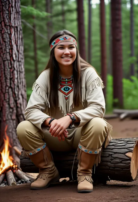 (medium full shot) of (seraphic young woman:1.1) from the Cheyenne tribe,             wearing Beaded buckskin tunic, fringed buckskin trousers, feathered headband, moccasins with beadwork, beaded necklace or choker with traditional designs and patterns, laughing, arms crossed, set in  Campsite, A secluded spot with a canvas tent pitched beneath towering pines, a campfire ringed by rough-hewn log stools, a stack of firewood nearby, a lantern hanging from a tree branch, the scent of pine needles in the air , ,Masterpiece,best quality, photorealistic, amazing quality, very aesthetic, extremely detailed face,