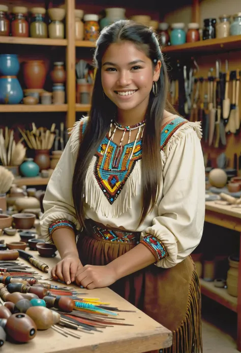 (medium full shot) of  (luminous young woman:1.1) from the Paiute tribe,             wearing Beaded yoke blouse, buckskin leggings with fringe, feathered hair roach, moccasin boots, rattle, smiling at the viewer, set in  Craftsmen's Workshop, Busy area with workbenches littered with tools, shelves displaying intricate beadwork and pottery, the scent of freshly tanned hides, colorful dyes arranged in jars, the sound of hammering and carving echoing through the space , Masterpiece,best quality, photorealistic, amazing quality, very aesthetic, extremely detailed face,