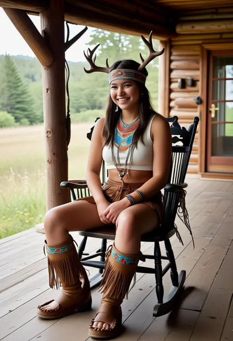 (medium full shot) of (transcendent young woman:1.1) from the Comanche tribe,             wearing Beaded leather crop top, fringed leather trousers, feathered headband, beaded moccasins with fringe, woven sash with symbolic motifs and colors, laughing, squatting, set in  Forest Lodge, A charming cabin with a wraparound porch, a porch swing overlooking a meadow, a wooden rocking chair beside the front door, a rustic dining table set with wildflower centerpieces, a hearth adorned with antlers , at sunset, ,Masterpiece,best quality, photorealistic, amazing quality, very aesthetic, extremely detailed face,