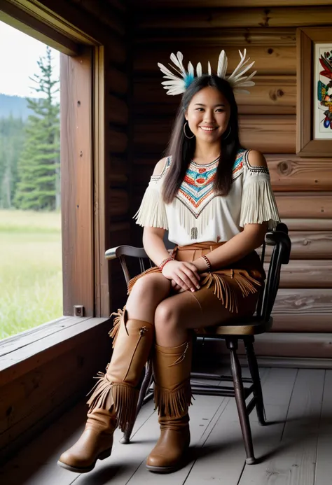 (medium full shot) of (celestial young woman:1.1) from the Paiute tribe,             wearing Beaded yoke blouse, buckskin leggings with fringe, beaded hair ties, moccasin boots, feather fan, laughing, arms crossed, set in  Forest Lodge, A charming cabin with a wraparound porch, a porch swing overlooking a meadow, a wooden rocking chair beside the front door, a rustic dining table set with wildflower centerpieces, a hearth adorned with antlers , ,Masterpiece,best quality, photorealistic, amazing quality, very aesthetic, extremely detailed face,