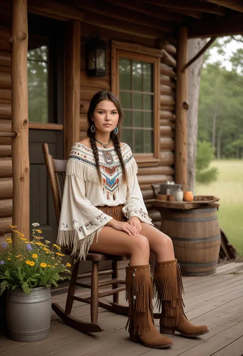 ((fashion photography)), perfect face, perfect eyes, (medium full shot) of  (ethereal young woman from the Cheyenne tribe), busty, short hair, wearing Beaded yoke blouse, buckskin leggings with fringe, feathered hair roach, moccasin boots, drum, set in  Forest Lodge, A charming cabin with a wraparound porch, a porch swing overlooking a meadow, a wooden rocking chair beside the front door, a rustic dining table set with wildflower centerpieces, a hearth adorned with antlers , at night, laughing, squatting, masterpiece, best quality, photorealistic, very aesthetic