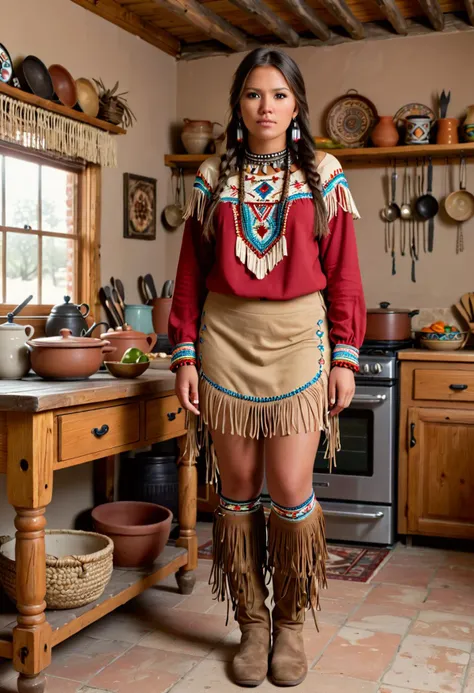 (medium full shot) of  (resplendent young woman:1.1) from the Comanche tribe,             wearing Beaded yoke blouse, buckskin leggings with fringe, feathered hair roach, moccasin boots, beaded necklace or choker with traditional designs and patterns, surprised, open mouth, running toward the viewer, set in  Home, Kitchen, Cozy area with a stone hearth for cooking, clay pots and pans hanging from the walls, a sturdy wooden table with benches, woven baskets for storing food, colorful pottery for serving , Masterpiece,best quality, photorealistic, amazing quality, very aesthetic, extremely detailed face,