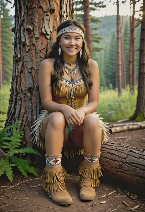 (medium full shot) of (radiant young woman:1.1) from the Lakota tribe, wearing Quilled buckskin corset, fringed buckskin shorts, beaded headband, knee-high moccasin boots with fringe, beaded necklace or choker with traditional designs and patterns, laughing, arms crossed, set in Wilderness Shelter, A simple lean-to constructed from branches and foliage, a bed of pine needles for a floor, a small cooking fire with a pot hanging over it, a stack of firewood against a tree trunk, a makeshift bench made from a fallen log , at sunset, Masterpiece,best quality, photorealistic, amazing quality, very aesthetic, extremely detailed face,
