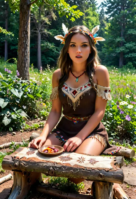 (haunting tableau) of a  young woman from the Cheyenne tribe,             wearing Embroidered deerskin bodice, fringed deerskin skirt, beaded headpiece, beaded moccasins, leather pouch with intricate beadwork and quillwork, surprised, open mouth, running toward the viewer, set in  Forest Clearing, Dappled sunlight filtering through the canopy, a rustic wooden picnic table and benches, a stone fire pit surrounded by logs for seating, wildflowers blooming around the edges, the sound of a nearby stream , award winning, very aesthetic, extremely detailed face,