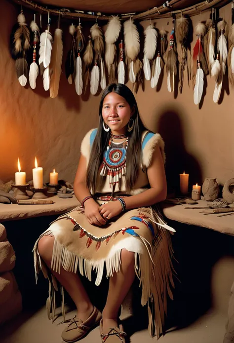 (medium full shot) of (ineffable young woman, normal build, from the Hopi tribe), medium hair, wearing a feathered hair roach, Beaded buckskin vest, tasseled buckskin skirt, fringed moccasins, bone hair ornament with feathers and beads, set in  Shaman Chamber, Intimate space with fur-lined walls, a low cedar table holding sacred artifacts, a medicine bundle hanging from the ceiling, animal-skin drums resting in a corner, a soft glow emanating from a cluster of flickering candles , at sunset, woman smiling, detailed face, ,Masterpiece,best quality, raw photo, realistic, very aesthetic