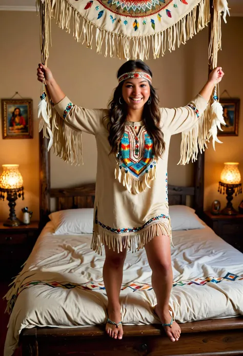 (medium full shot) of  (resplendent young woman:1.1) from the Cherokee tribe,             wearing Beaded buckskin tunic, fringed buckskin trousers, feathered headband, moccasins with beadwork, shell hair ornament with feathers and beads, laughing, jumping in the air, set in  Home, Bedroom, Serene space with a large feather bed, soft woven blankets, a hand-carved wooden chest at the foot of the bed, flickering oil lamps, dreamcatchers hanging from the ceiling , at sunset, Masterpiece,best quality, photorealistic, amazing quality, very aesthetic, extremely detailed face,