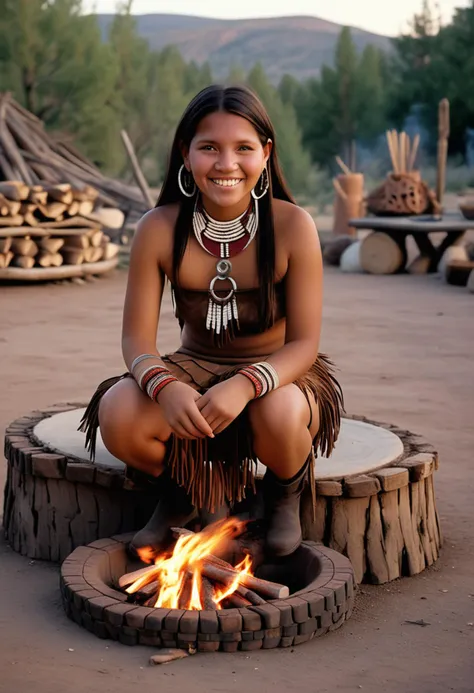 (medium full shot) of (pure young woman, normal build, from the Hopi tribe), medium hair, wearing a beaded hair roach, Quilled leather bandeau top, fringed leather skirt, suede boots, rattle, set in  Sacred Fire Pit, Circular stone enclosure with a crackling fire at its center, surrounded by log benches for participants, woven baskets filled with firewood, sacred herbs drying on nearby racks, the rhythmic beat of a tribal drum echoing in the air , at sunset, woman smiling, detailed face, ,Masterpiece,best quality, raw photo, realistic, very aesthetic