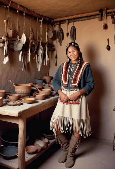 (medium full shot) of (luminous young woman, slender build, from the Navajo tribe), short hair, wearing a beaded hair accessory, Feathered bolero jacket, fringed buckskin leggings, knee-high moccasin boots with fringe, rattle, set in  tribal home, Kitchen, Cozy area with a stone hearth for cooking, clay pots and pans hanging from the walls, a sturdy wooden table with benches, woven baskets for storing food, colorful pottery for serving , at sunset, woman smiling, detailed face, ,Masterpiece,best quality, raw photo, realistic, very aesthetic