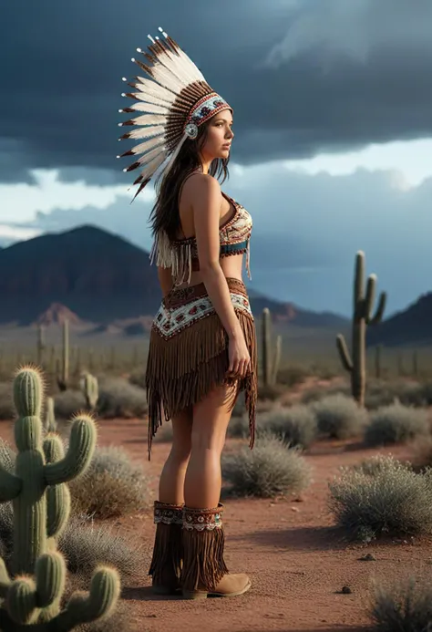(medium full shot) of (ethereal young woman, voluptuous build, from the Ute tribe), short hair, wearing a beaded war bonnet, Fringed suede camisole, fringed suede skirt, moccasin boots, silver jewelry with intricate filigree and inlay, set in Arizona Desert Vista, Wide-open space with panoramic views of endless desert plains, towering saguaro cacti standing sentinel, a distant thunderstorm brewing on the horizon, the smell of rain mingling with desert sage , at night, woman smiling, detailed face, ,Masterpiece,best quality, photo, realistic, very aesthetic