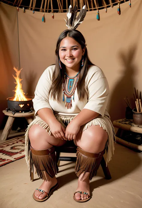 (medium full shot) of (radiant young woman, full-figured build, from the Comanche tribe), medium hair, wearing a beaded hair accessory, Beaded buckskin tunic, fringed leather pants, beaded sandals, drum, set in Tepee Interior, Warm, earthy space adorned with animal hides, a central fire pit, woven rugs, wooden stools, colorful beadwork , woman smiling, detailed face, ,Masterpiece,best quality, photo, realistic, very aesthetic