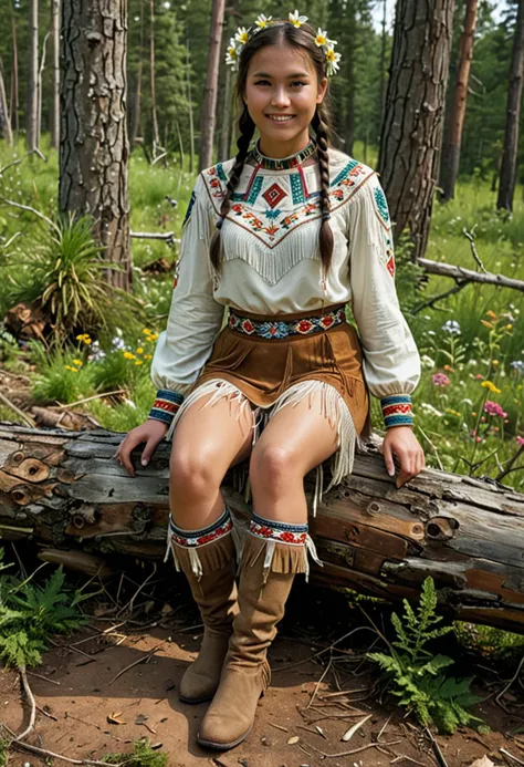 (medium full shot) of (seraphic young woman, slim build, from the Lakota tribe), short hair, wearing a beaded hairpiece, Beaded yoke blouse, fringed buckskin leggings, suede boots, woven sash with symbolic motifs and colors, set in  Wilderness Clearing, Sun-dappled glade with tall pine trees casting long shadows, a bubbling brook winding through mossy rocks, wildflowers blooming in clusters, a fallen log serving as a makeshift bench, birds chirping overhead , at night, woman smiling, detailed face, ,Masterpiece,best quality, photo, realistic, very aesthetic,