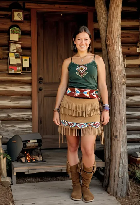 (medium full shot) of (transcendent young woman, petite build, from the Cherokee tribe), short hair, wearing a beaded hair roach, Fringed suede camisole, tasseled buckskin skirt, beaded moccasins, woven sash with symbolic motifs and colors, set in  Ranger Station, A sturdy log cabin nestled among tall trees, a porch with rocking chairs, a wooden sign with trail maps, a cozy fireplace inside, shelves lined with field guides and equipment, a map of the forest pinned to the wall , at night, woman smiling, detailed face, ,Masterpiece,best quality, raw photo, realistic, very aesthetic