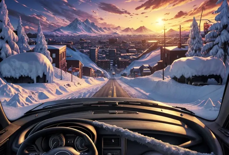 style of (hoppagames:1.0), Car interior with (winter wonderland city view), (leather seats), (dashboard controls), (steering wheel), (gear shift), (rearview mirror), (car radio), (snowy windshield), (icy side mirrors), (headlights), (Low-angle perspective), (natural lighting), (Wide-angle lens capturing scenery), hidden objects games, video game concept art, (8K Unity wallpaper), fine details, award-winning image, highly detailed, 16k, cinematic perspective, ((video game environment concept art style)), pretty colors, cinematic environment, cartoon