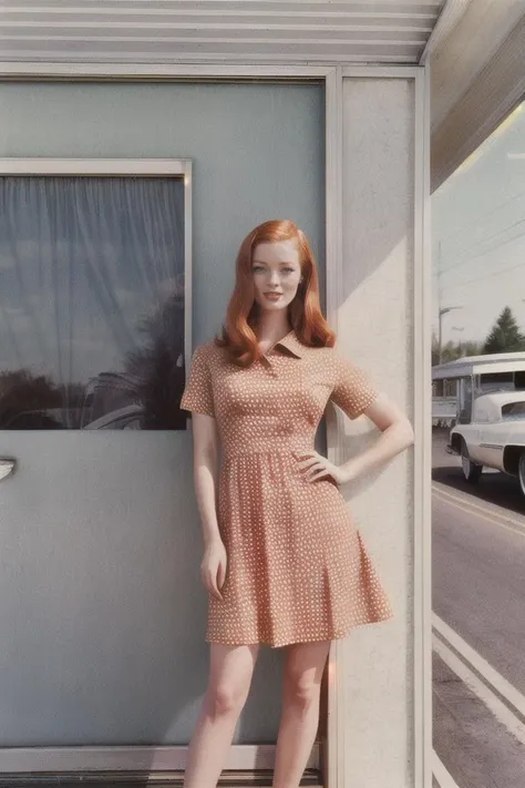 analog photo of SiofraCipher wearing a retro 1960s dress, outside the Ramada Inn motel, by SixtiesRamada <lora:SixtiesRamada:0.9> warm, grain, 1960s, retro, Kodacolor, Kodachrome, Kodak44