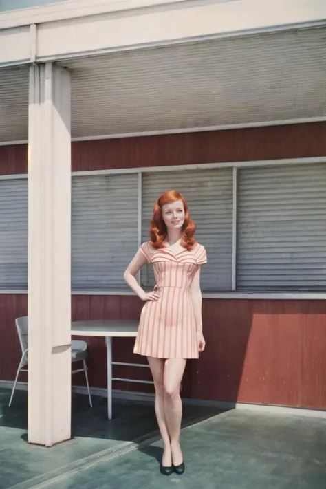 analog photo of SiofraCipher wearing a retro 1960s dress, outside the Ramada Inn motel, by SixtiesRamada <lora:SixtiesRamada:0.9> warm, grain, 1960s, retro, Kodacolor, Kodachrome, Kodak44