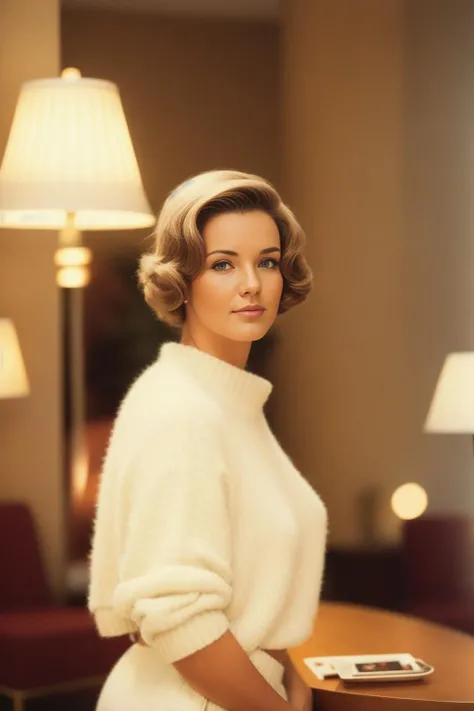 a beautiful American woman in a hotel lobby, wearing a sweater, by SixtiesRamada <lora:SixtiesRamada:1.0>, (highly detailed skin:1.2), 8k uhd, dslr, soft lighting, high quality, film grain, Fujifilm XT3