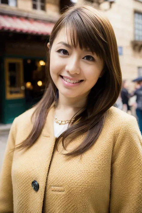 ai,masterpiece,beautiful,extremely detailed,(ultra high res),(8k UHD best quality), (realistic, photo-realistic:1.37), depth_of,field, blurry_background, photo_inset,,reference_inset,photo_background,brown_eyes,photorealistic,looking_at_viewer,1girl,Half-smile,shiny skin,detailed skin,(((full body))),(coat),Charming European cobblestone streets in a historic town<lora:ai takeuchi:1>