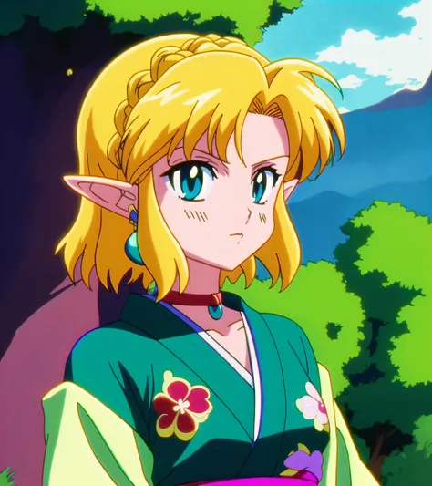 (80s anime style), Zelda\(princess\), the legend of Zelda, short hair, blonde hair, green eyes, hair ornament, anime screenshot, anime, choker, earring, outdoors, wearing print kimono,  worried look,upper body,digital painting, clean artstyle,  intricate details, masterpiece, best quality,