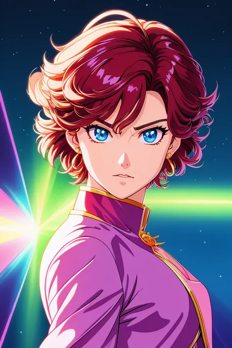 (80s anime style), A highly detailed portrait of a solo androgynous adult magical girl, flat chest, short hair, high fantasy, town in flames background,anime, intricate, sharp focus, illustration, highly detailed, digital painting, clean artstyle, concept art, matte, highly detail eyes, highly detail mouth, highly detailed face, perfect eyes, both eyes are the same, true light, glare, Iridescent, Global illumination, real hair movement,