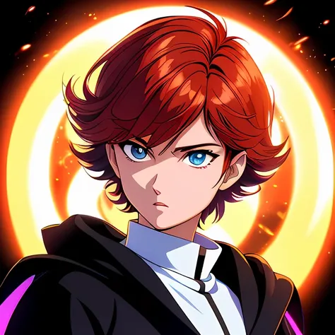 (80s anime style), androgynous, magical girl, flat chest, pixie cut, chestnut short hair, fantasy, black mage, black robe, town in flames background,anime, intricate, sharp focus, illustration, highly detailed, digital painting, clean artstyle, concept art, matte, highly detail eyes, highly detail mouth, highly detailed face, perfect eyes, both eyes are the same, true light, glare, Iridescent, Global illumination, real hair movement,