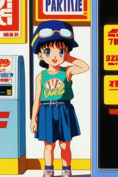 Vintage 90's anime style. half body, stylish baby model posing in 7/11 convenience store., sci-fi.