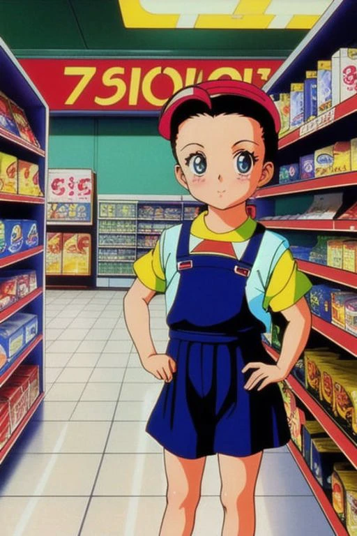 Vintage 90's anime style. half body, stylish model posing in 7/11 convenience store., sci-fi.