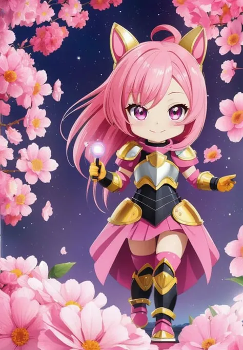 masterpiece, best quality, (80sanimestyle), <hypernet:Toru8pWavenChibi_wavenchibiV10b:0.5>, chibi, pink hair, animal ears, smile, light armor, full body, crawling, pov back, looking back, flowers,