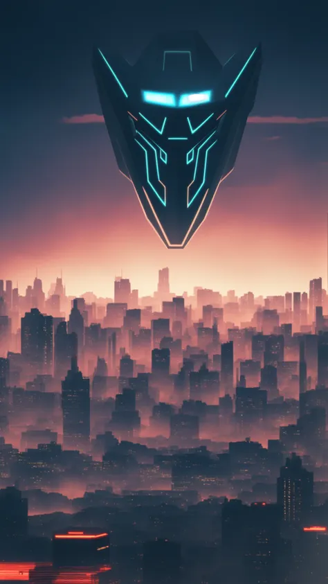 1980s \(style\), (80s anime style), a large and ominous pale face hovers in the air over a cyberpunk cityscape on the horizon below, masterpiece, best quality, intricate detail, absurdres, chromatic aberration, depth of field, soft lighting, tone mapped, highly detailed, artstation, concept art, smooth, sharp focus, dramatic lighting, highly detailed artwork, cinematic, trending on Artstation, 8K, incredible shadows, (highly detailed background:1.0)