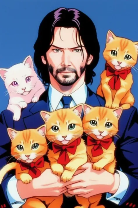 (80s anime style), john wick, head and shoulders glamour portrait of keanu reeves smiling at the camera and cradling a half dozen kittens in his arms, pastel colored background, anime, art, 80sanimestyle