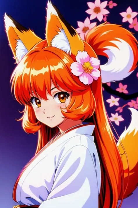 (80s anime style), masterpiece, best quality, highly detailed, 1girl, solo, (:3:0.9), animal ear fluff, animal ears, orange hair, fluffy hair, blush, brown eyes, flower, fox ears, fox girl, gradient, gradient background, hair flower, hair ornament, japanese clothes, kimono, looking at viewer, miko, smile, solo, white kimono, beautiful lighting