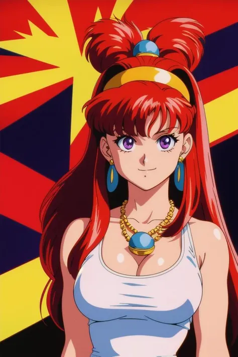 (80s anime style), masterpiece, best quality, ultra-detailed, illustration, 1girl, 1990s \(style\), 1girl, armpits, arms behind head, bell, breasts, earrings, jewelry, lina inverse, long hair, looking at viewer, medium breasts, nipple slip, orange hair, small breasts, smile, solo, tank top