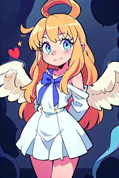 1girl, heaven, pearly gates, god rays, 80's anime style, <lora:filoTateNoYuusha_v10:0.5> filo, clouds, mist
upper body, filo, 1girl, solo, embarrassed, closed mouth, white wings, hite dress, blue bow, long hair, blue eyes, looking at viewer, parted bangs, bent over, arms behind back, <lora:filo2-05:0.9>, claymation